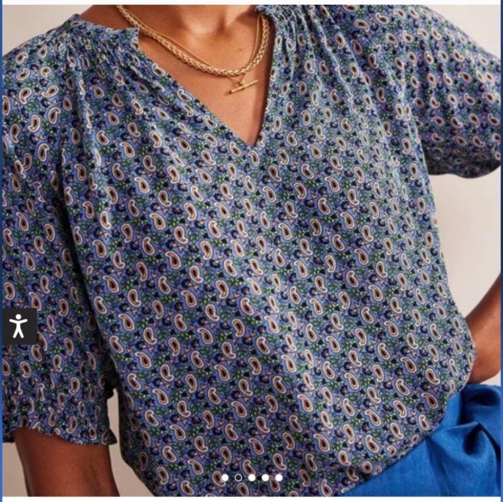 Boden Gathered Neck Short Sleeve Top, Blue Paisley